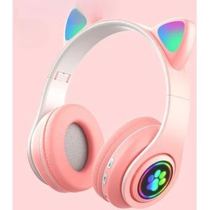 Fytura - Kinder Koptelefoon – Draadloos Bluetooth 5.2 – RGB Kattenoren – Met Microfoon – Opvouwbaar – Synthetisch Leer – Geheugenkaart Slot – Schattige Headset voor Kinderen – Roze/Multicolor LED