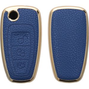 kwmobile Sleutelhoesje van leer geschikt voor Ford 3-knops autosleutel Keyless Go - sleutelcover voor autosleutel in blauw / goud