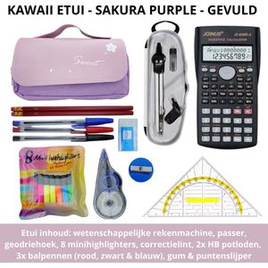 Kawaii Etui Gevuld | Incl. Schoolaccessoires | Waterdicht, Ruim & Vuilbestending | Sakura Purple