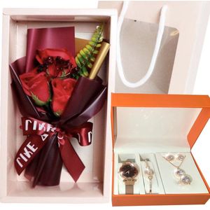 Horlogebox voor dames - geschenkdoos - cadeau set met horloge en bloemen- oorbellen - ketting - ring - armband - valentijn cadeautje voor haar - zilverrose goud