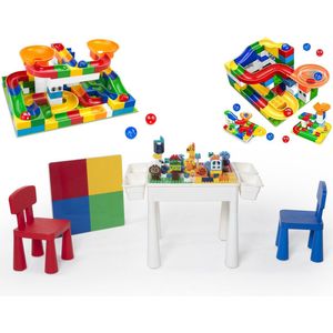 *Profi Promo* Bouwtafelset inc. 52 bouwblokken voor LEGO & DUPLO - Multifunctioneel Kinderbouwtafel met 2 stoelen + 4 Opbergbakken - Constructietafel, Kinderwerktafel, Speeltafel, Zandbak, Watertafel - Kindertafel en stoelen - Klassieke Mondriaan