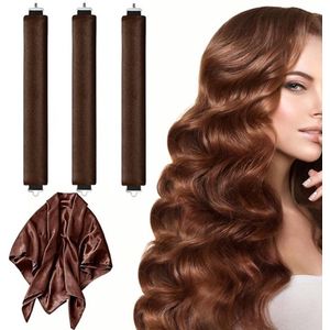 No Heat Curls - Satijnen afwerking - Weelderige krullen - Krultang - Krultang - Föhnset zonder hitte - Krultools zonder hitte - Krulproducten - Alternatief voor de krultang - Bruin - Alle haartypen - Met haarhanddoek - 3 stuks