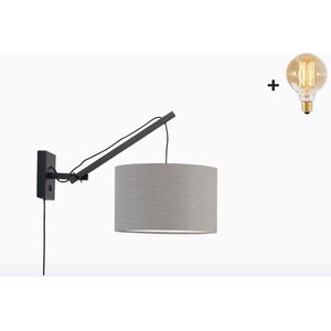 Wandlamp met Korte Arm - ANDES - Zwart Bamboe - Lichtgrijs Linnen - Met LED-lamp