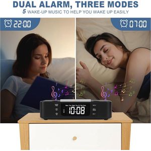 Draadloze Oplader Wekker met Bluetooth-Luidspreker en Nachtlampje - Digitale Alarmklok met Dubbel Alarm en Helderheid