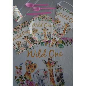 Wild one - Feestpakket- Verjaardag - Thema set kinderfeest - Jongen - Meisje - Versiering- Glitter - Slingers - Roze - Tafelkleed - Themafeest Dieren-Leeuw - Olifant - Giraffe - Fijne verjaardag