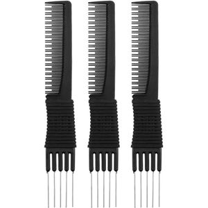 Allecto plus - Stuks Zwarte Carbon Fiber Lift Haar Kam Anti-Statische Stalen Naald Krul Kappers Dual-Head Styling Kam