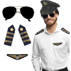 Carnaval verkleed set - pilotenpet - blauw - met epauletten/badge/zonnebril - heren/dames