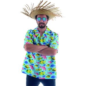Funny Fashion - Hawaii & Carribean & Tropisch Kostuum - Tropische Vissen Hawaii Shirt Man - Blauw - Maat 52-54 - Carnavalskleding - Verkleedkleding
