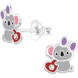 Joy|S - Zilveren koala oorbellen - grijs met rood hartje en paars strikje - kinderoorbellen