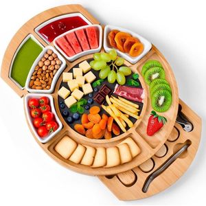 Bamboe Charcuterie Boards Set, Ronde Kaasplank en Messenset met Serveergereedschap, Bestek, Marmeren Plaat, Keramische Kommen, Kaasschaal voor Housewarming Gift