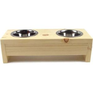 Kattenvoerbak van hout -Incl. rvs bakjes- 35x14.5x10 cm