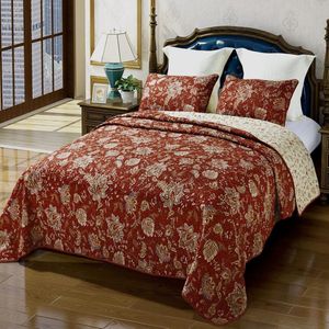 Sprei, katoen, 240 x 260 cm, bedsprei, tweepersoonsbed, rode deken, gewatteerd met kussen, grote omkeerbare deken, landhuisstijl, bloemenpatroon