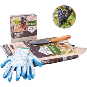 Druivenplanten verzorgingspakket - Combinatiepakket - 10 liter Pokon biologische moestuingrond - 1 kg Pokon druivenmest - tuin handschoenen - 1 schepje