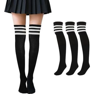 3 paar overknee-kousen - gestreepte sportsokken - college cheerleader-kostuum - katoenen kousen overknees met 3 strepen - voor dames - meisjes en kinderen - Zwart met witte strepen