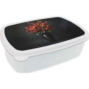 Broodtrommel Wit - Lunchbox Boeket - Tulpen - Vaas - Rood - Brooddoos 18x12x6 cm - Brood lunch box - Broodtrommels voor kinderen en volwassenen