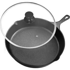 Gietijzeren pan met glazen deksel - Voorgekruide gietijzeren koekenpan - Ronde gietijzeren koekenpan van 20 cm (8 inch) - Gietijzeren pangrill