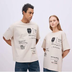 Jean Michel Basquiat Unisex Oversize Fit Crew Hals Rugbedrukking Korte Mouw Beige T-shirt (M)
