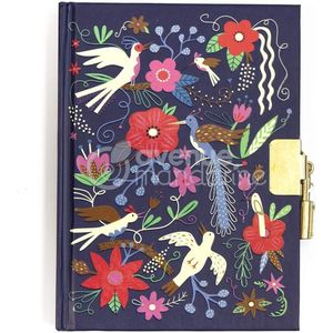 dagboek, 120 vellen, gelinieerd, 11x14cm, 1 stickervel, met slot en bladwijzers, vogels en bloemen blauw, 1 stuk