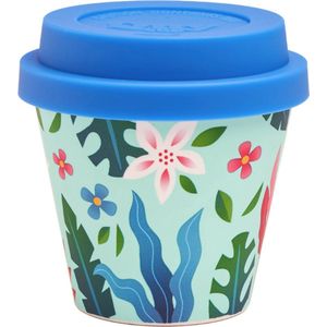 Quy Cup - 90ml Ecologische Reis Beker - Espressobeker “Flower” met blauw Siliconen deksel 7x7x7cm