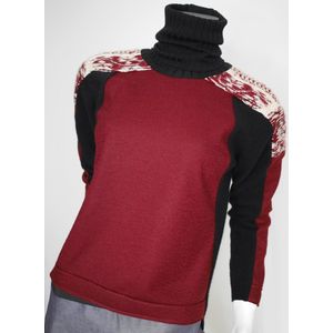 YELIZ YAKAR - Luxe Dames Coltrui “Garnet” - zwart en rood kleuren mix - wol / katoen mix - maat S/36 - designer kleding - kerst trui - luxecadeau - kerstcadeau voor vrouwen