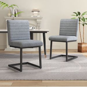 Sweiko 2-delige eetkamerstoelen met verticale strepen, gestoffeerde stoel met zigzag metalen poten, moderne lounge stoel, stoel voor slaapkamer, werkkamer en bureau, synthetisch leer, lichtgrijs