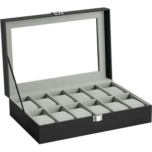 Horlogebox met 12 vakken - horlogekast met glazen deksel - Horlogedoos - Opbergbox Horloges voor Heren - Zwart Grijs