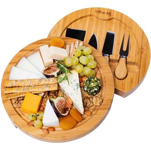 Bamboe Kaasplank met Messen Set - Ronde Houten Kaasplank met 4 Messen - Serveerplank voor Kaas - Geweldig Cadeau voor Kerstbruiloft of Jubileum
