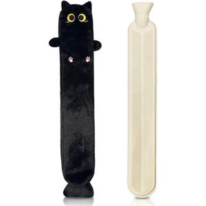 Lange warmwaterzak, kruik in de vorm van een kat, grote rubberen kruiken van 2 liter, kruiken met zachte, donzige hoes, mooie lange warmwaterkruik in de vorm van een kat, winterwarmwaterzak, nek-schouder (zwart)