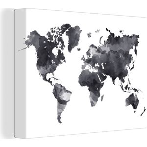 Canvas Wereldkaart - 80x60 - Wanddecoratie Wereldkaart - Waterverf - Zwart - Wit