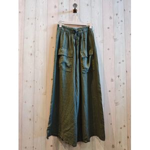 100% linnen broek met elastische talie - brede pijpen - grote steek zakken - kleur MILITAIR GROEN - maat 44