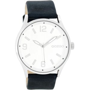 OOZOO Timepieces - Zilverkleurige horloge met donker blauwe leren band - C7924