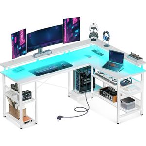 Gaming Bureau met LED - Omkeerbaar Gaming Bureau met 2 Stopcontacten en 2 USB Poorten - Groot Gaming Bureau met Netplank - Wit - 168 x 120 cm