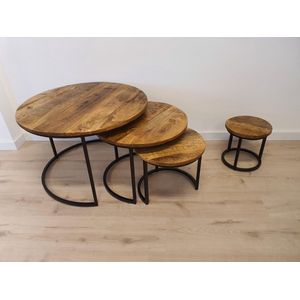 Mangoe Meubels | Bijzettafel | Mangohout | Salontafel | Set van 3 + 1 mango - hout - zwart - frame - rond