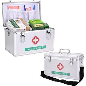 Dubbellaagse medicijn-organizer nooddoos met handvat en schouderriem van aluminium ABS-kunststof - zilver - draagbare tablethouder - groot formaat