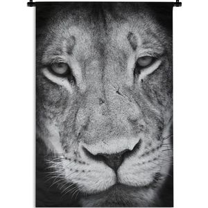 Wandkleed Dierenprofielen in Zwart-Wit - Dierenprofiel leeuwenkop in zwart-wit Wandkleed katoen 90x135 cm - Wandtapijt met foto