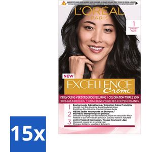 L'Oréal Paris - Excellence Crème - Zwart 1 - Haarverf - Permanente Haarkleuring - Bulkverpakking - 15 stuks