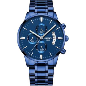 NIBOSI Horloges voor mannen - Horloge mannen – Luxe Blauw Design - Heren horloge - Ø 42 mm – Blauw - Roestvrij Staal - Waterdicht tot 3 bar - Chronograaf - Geschenkset met verstelbare pin