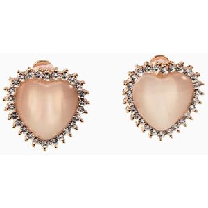 Clip-on Oorbellen Dames - Hart Design - Rosé Gold Plating - Oorclips met Licht Crème Cabochon - Zirkonia's - Geen Gaatjes