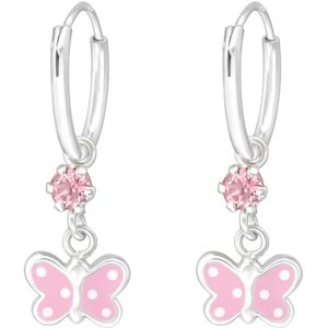 Joy|S - Zilveren vlinder bedel oorbellen - oorringen - Swarovski kristal - roze vlinder