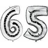 65 jaar zilveren folie ballonnen 88 cm leeftijd/cijfer - Leeftijdsartikelen 65e verjaardag versiering - Heliumballonnen