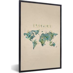 Fotolijst incl. Poster - Wereldkaart - Turquoise - Planten - 40x60 cm - Posterlijst