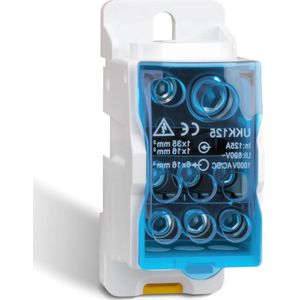 Klemmenblok verdeelkast 125A 6 uitgangen, Din Rail klemmenstroken, blauwe behuizing.