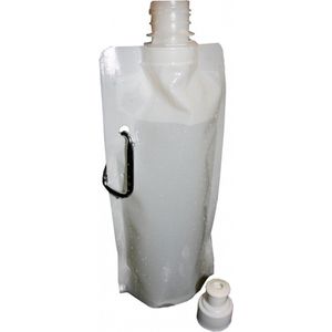 Set van 4x stuks waterzak / drinkfles met karabijnhaak - Wit - 400 ml - Opvouwbaar - Waterfles herbruikbaar met haak - Herbruikbare opvouwbare waterzakken - Festival Gadget