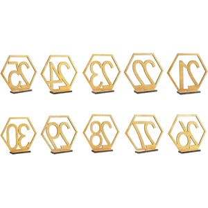 Houten Tafelnummers Bruiloft - 10 Stuks Goud - Zeshoek Uitgehold - Nummers 21-30