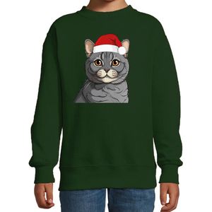 Bellatio Decorations Kersttrui / sweater kat/poes - kinderen - grijs kat/poes - groen - kerstmuts - Kerstmis 98/104