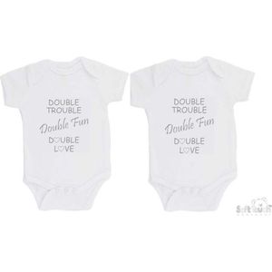 100% katoenen Rompers 2-pack ""Double Trouble Double Fun Double Love"" Tweeling Unisex Katoen Wit/grijs Maat 56/62