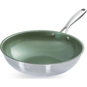 Just Vegan, Ceravegan RVS ECO wokpan - 28cm, 100% vegan, plantaardige anti-aanbaklaag - avocado-olie - duurzame wok