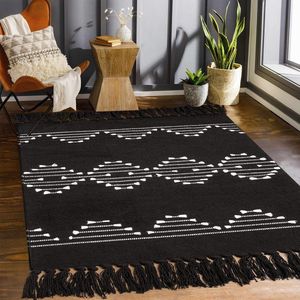 Boho zwart wit tapijt woonkamer 60 x 180 cm, wasbaar katoenen tapijt met handgeweven kwastjes voor slaapkamer keuken entree eetkamer eetkamer