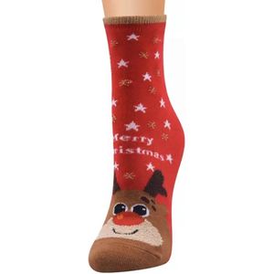 Kerstthema sokken - Winterthema sokken - Kerstsokken met glitter - Rood - Rendier - Unisex maat 36 - 41