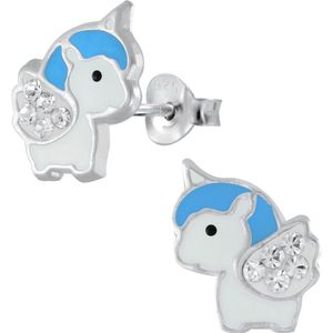 Joy|S - Zilveren baby eenhoorn oorbellen 8 x 10 mm blauw kristal wit